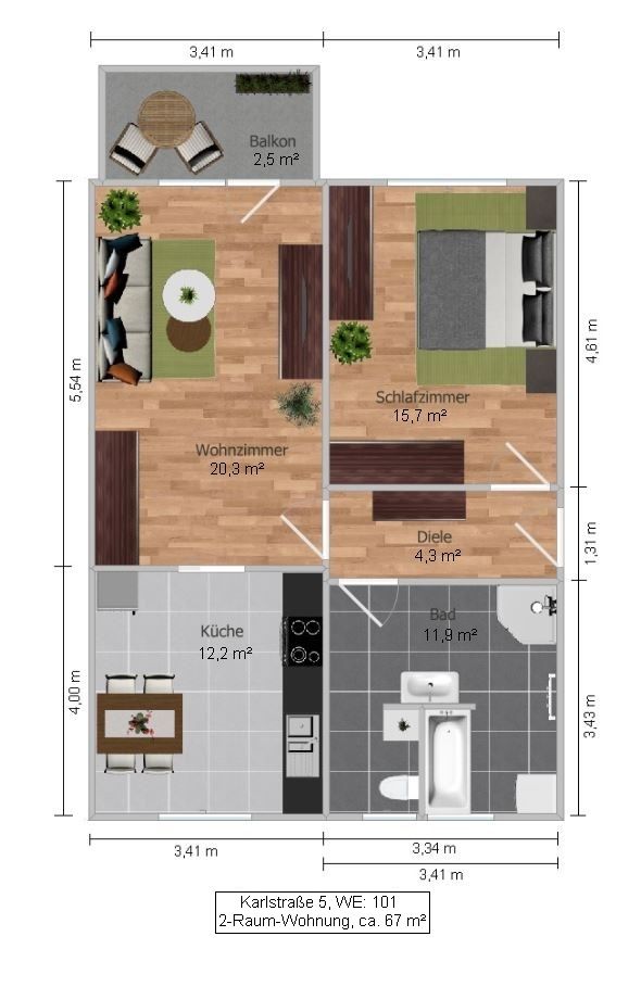 Grundriss-Skizze einer 2-Raum-Wohnung im EG und 1. OG