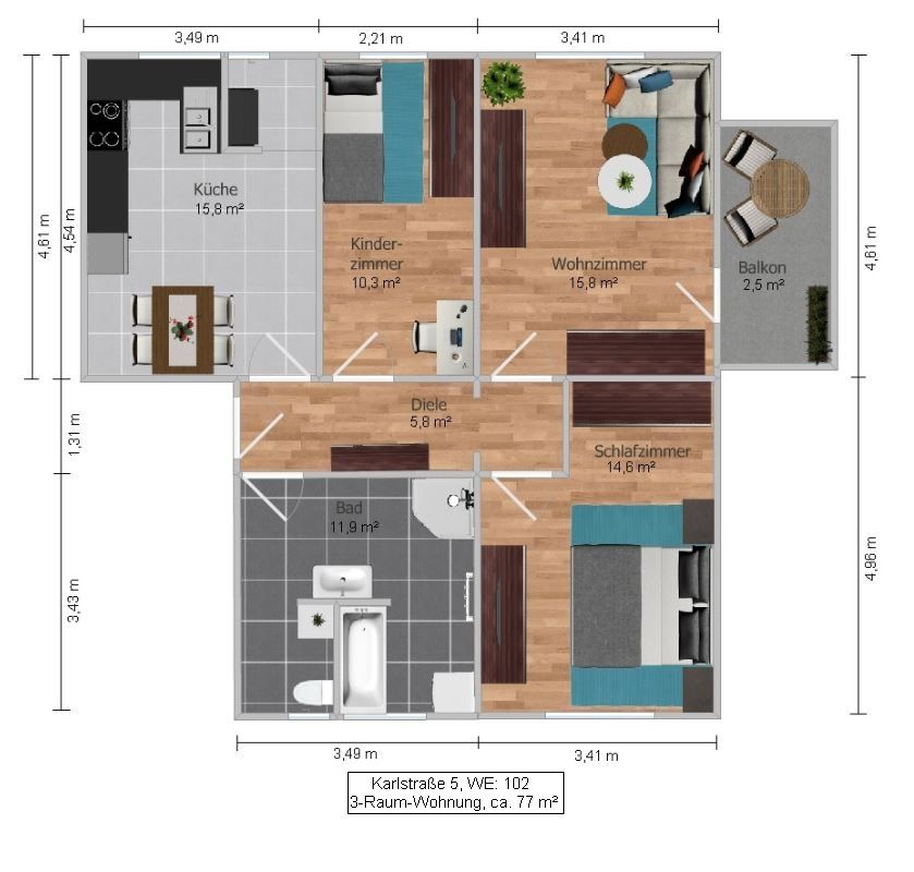 Grundriss-Skizze einer 3-Raum-Wohnung im EG und 1. OG
